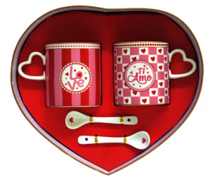 Zestaw 2 kubki + łyżeczki "Love" i "Ti Amo" –Romantyczny prezent Walentynki