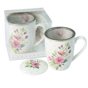 Kubek z zaparzaczem porcelanowy + pokrywka + sitko kwiaty