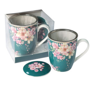 Kubek z zaparzaczem porcelanowy + pokrywka + sitko kwiaty