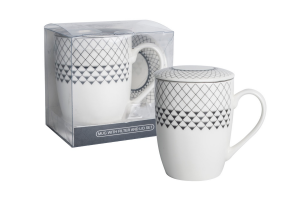 Kubek z zaparzaczem porcelanowy + pokrywka + sitko elegancki wzór