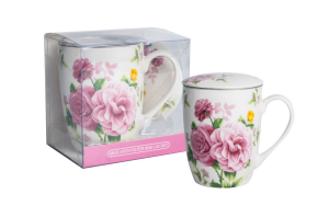 Kubek z zaparzaczem porcelanowy + pokrywka + sitko kwiaty kubeczek