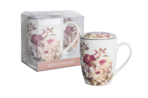 Kubek z zaparzaczem porcelanowy + pokrywka + sitko kwiaty kubeczek