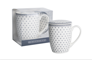 Kubek z zaparzaczem porcelanowy + pokrywka + sitko elegancki wzór