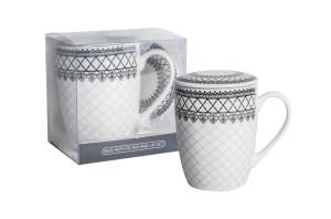 Kubek z zaparzaczem porcelanowy + pokrywka + sitko elegancki wzór