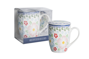 Kubek z zaparzaczem porcelanowy + pokrywka + sitko kwiaty kubeczek