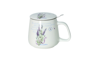Kubek z zaparzaczem 500 ml porcelanowy + pokrywka + sitko lawenda kwiaty