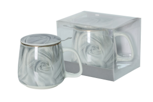 Kubek z zaparzaczem 500 ml porcelanowy + pokrywka + sitko elegancki wzór