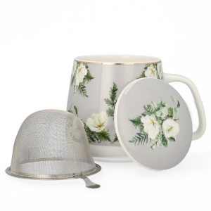 Kubek z zaparzaczem 500 ml porcelanowy + pokrywka + sitko kwiaty