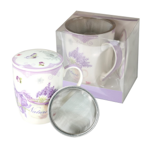 Kubek z zaparzaczem 500 ml porcelanowy + pokrywka + sitko lawenda