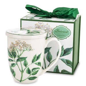 Kubek z zaparzaczem 350 ml porcelanowy + pokrywka + sitko bez kwiaty bzu