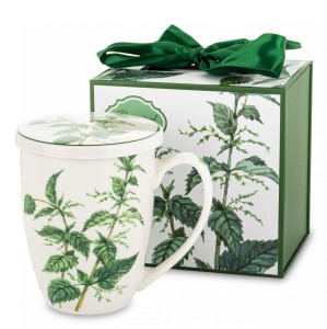 Kubek z zaparzaczem 350 ml porcelanowy + pokrywka + sitko pokrzywa