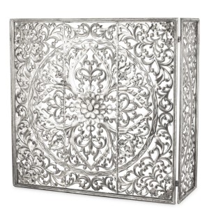Osłona kominkowa metalowa srebrna ażurowa dekoracyjny parawan ochronny