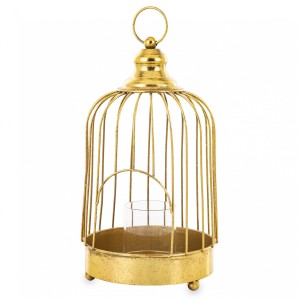 Złoty lampion dekoracyjny w stylu klatki metalowy świecznik klatka złota