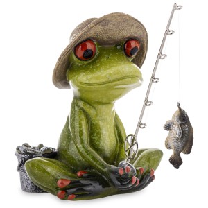 Figura żaba żabka wędkarz łowi ryby z kapeluszem ozdoba śmieszna figurka