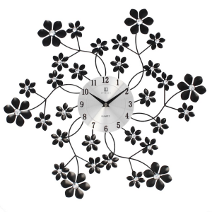 Zegar Ścienny Livello Nowoczesny z Kryształkami 33 czarny metalowy kwiaty