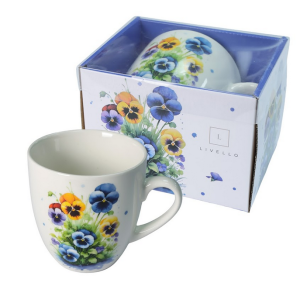 Kubek Porcelanowy Elegancki Wiosenny Bratki Kwiaty 1000 ml Mega Kubeczek