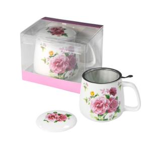 Kubek z zaparzaczem 500 ml porcelanowy + pokrywka + sitko kwiaty