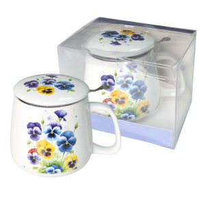 Kubek z zaparzaczem 500 ml porcelanowy + pokrywka + sitko kwiaty bratki