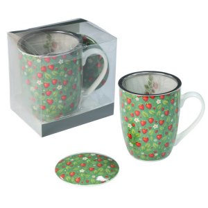 Kubek z zaparzaczem 350 ml porcelanowy + pokrywka + sitko owoce