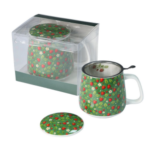 Kubek z zaparzaczem 500 ml porcelanowy + pokrywka + metalowe sitko owoce