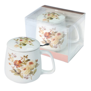 Kubek z zaparzaczem 500 ml porcelanowy + pokrywka + sitko kwiaty
