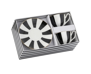 Filiżanki ze spodkiem paski biało czarne Komplet 220 ml Biały czarny Złoty