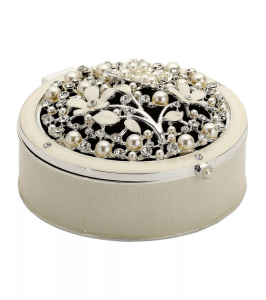 Szkatułka na biżuterię Swarovski puzderko kasetka srebrna cyrkonie okrągła