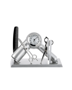 Przybory fryzjerskie z zegarkiem prezent fryzjer zegar metalowy srebrny