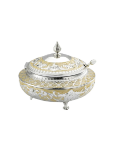 Cukiernica srebrna z emalią nowoczesna z łyżeczką metalowa platerowana