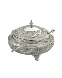 Cukiernica srebrna nowoczesna z łyżeczką metalowa platerowana