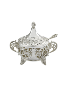 Cukiernica srebrna nowoczesna z łyżeczką metalowa platerowana dekoracja