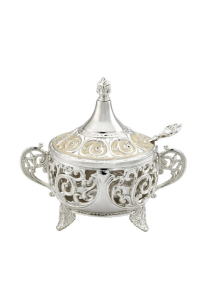 Cukiernica srebrna z emalią nowoczesna z łyżeczką metalowa platerowana