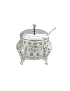 Cukiernica srebrna nowoczesna z łyżeczką metalowa platerowana dekoracja