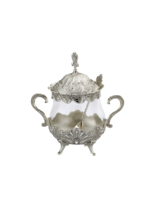 Cukiernica srebrna nowoczesna z łyżeczką metalowa platerowana