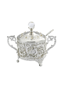 Cukiernica srebrna nowoczesna z łyżeczką metalowa platerowana dekoracja