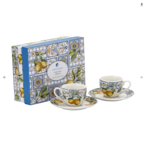 Zestaw 2 filiżanki 90 ml ze spodkiem porcelanowe espresso motyw cytryn