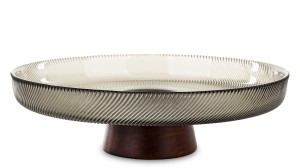 Patera dekoracyjna szklana misa na nodze drewnianej loft minimalistyczna