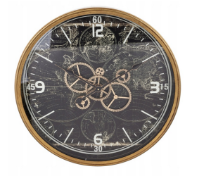 Zegar ścienny 60cm metalowy retro zębatki mapa świata loft czarny złoty
