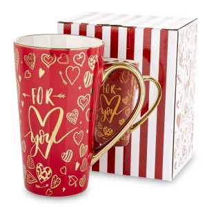 Kubek porcelanowy For you złoty czerwony 450ml kubeczek z sercami elegancki
