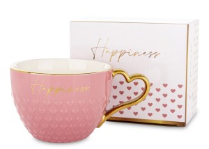 Kubek Porcelanowy 500 ml różowy-złoty ucho serce Happiness uroczy kubeczek