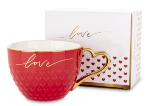 Kubek Porcelanowy 500 ml czerwono-złoty ucho serce Love uroczy kubeczek