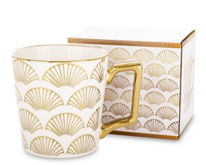 Kubek Porcelanowy 310 ml biało-złoty kubeczek z wzorem geometrycznym 