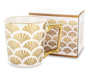 Kubek Porcelanowy 310 ml biało-złoty kubeczek z wzorem geometrycznym