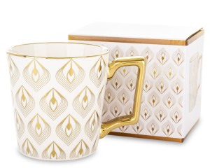 Kubek Porcelanowy 310 ml biało-złoty kubeczek z wzorem geometrycznym