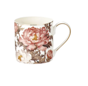 Kubek Porcelanowy Elegancki Kwiaty pudrowy 400 ml złote wykończenie kubki