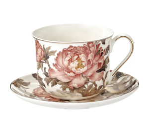 Filiżanka porcelanowa 400 ml ze spodkiem kwiaty Peony złote wykończenie