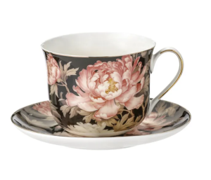 Filiżanka porcelanowa 400 ml ze spodkiem kwiaty Peony złote wykończenie