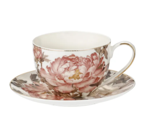 Filiżanka porcelanowa 270 ml ze spodkiem kwiaty Peony złote wykończenie