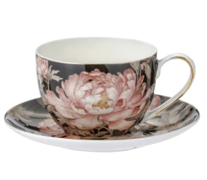 Filiżanka porcelanowa 270 ml ze spodkiem kwiaty Peony złote wykończenie