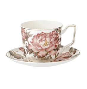 Filiżanka porcelanowa 230 ml ze spodkiem kwiaty Peony złote wykończenie